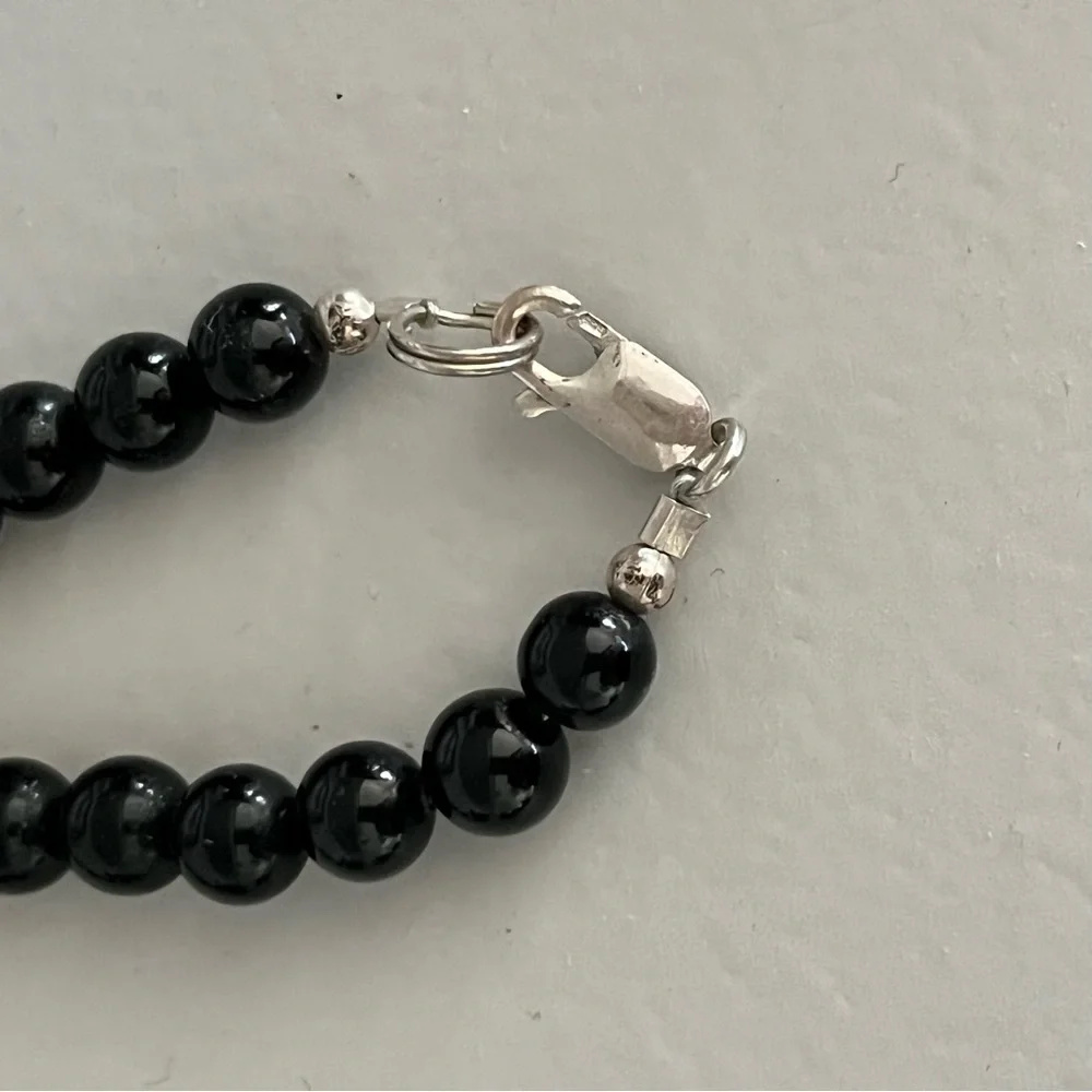 VTG Sterling 925 MOP Inlay Pink Jade BLK Onyx Agate Bead Designer Necklace - Picture 5 of 12